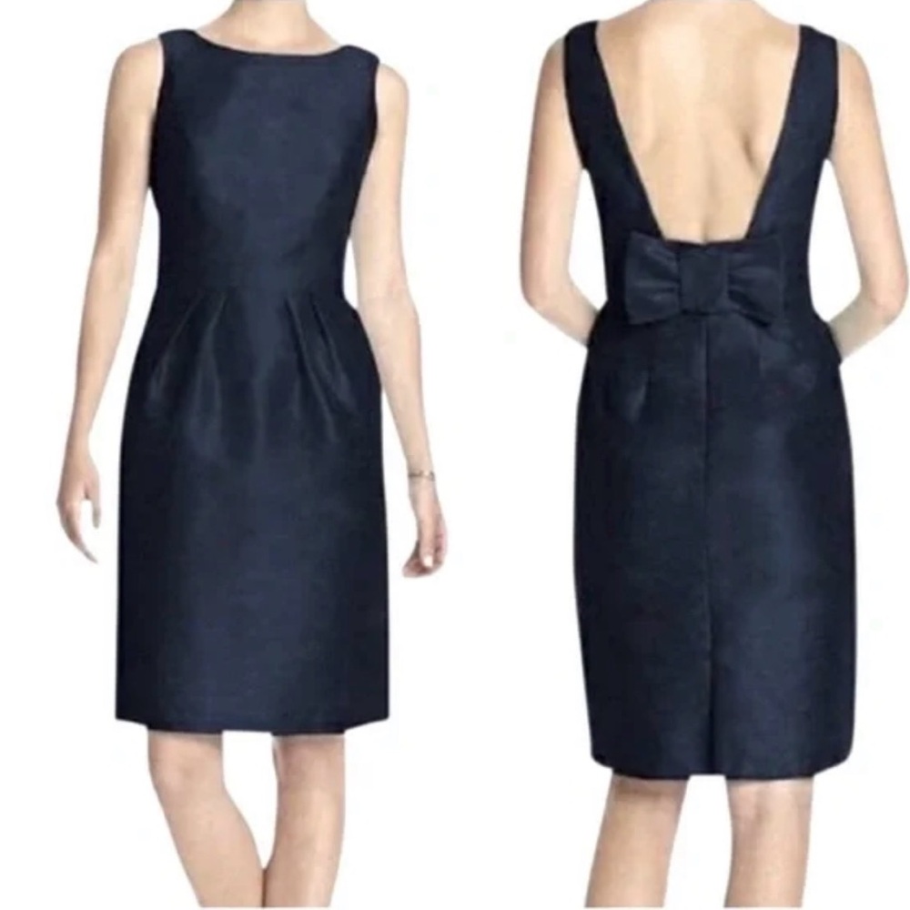 Alfred Sung Midnight Navy Bow Back Fit Flare Cocktail Dress Pockets Size 4 - Picture 2 of 11